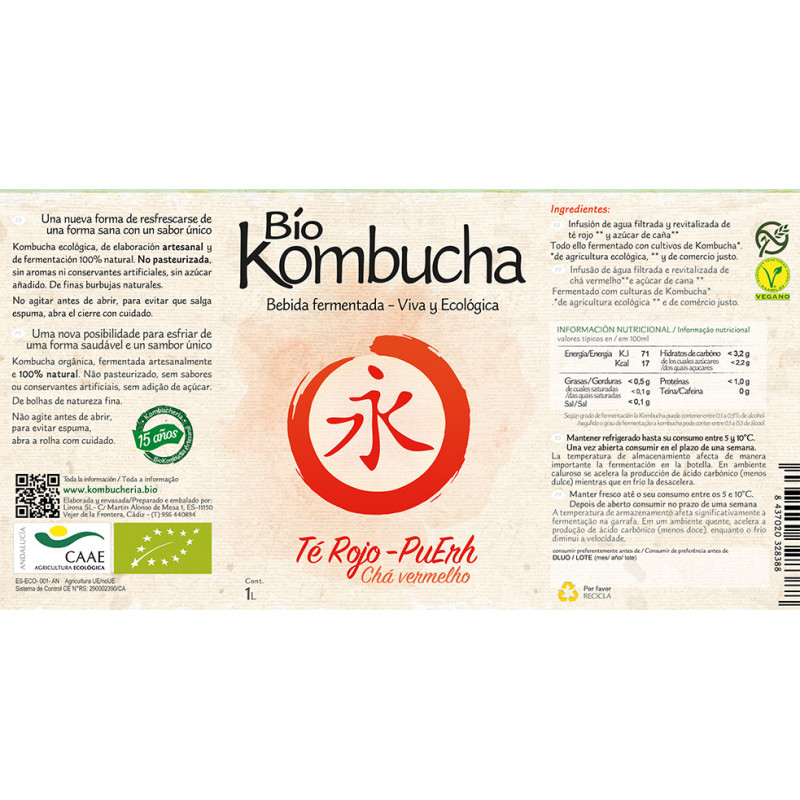 Bio Kombucha Té Rojo – Pu Erh 1L vidrio