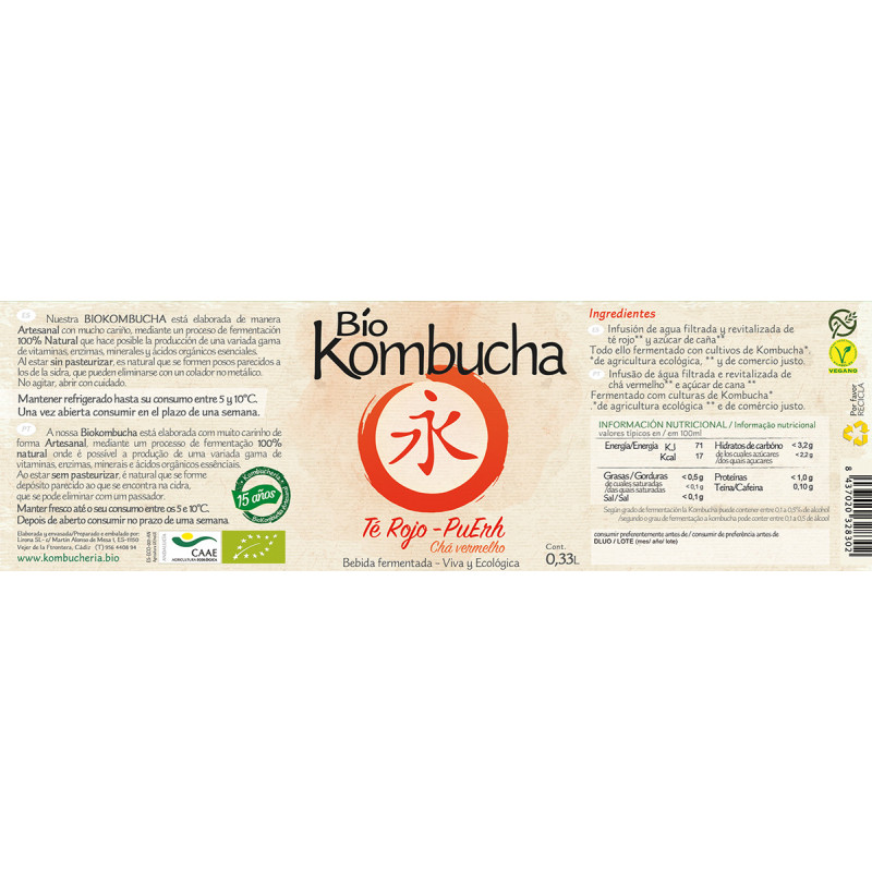 Bio Kombucha Té Rojo – Pu Erh 0,33L vidrio