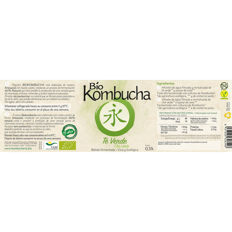 Bio Kombucha Té Verde 0,33L PET